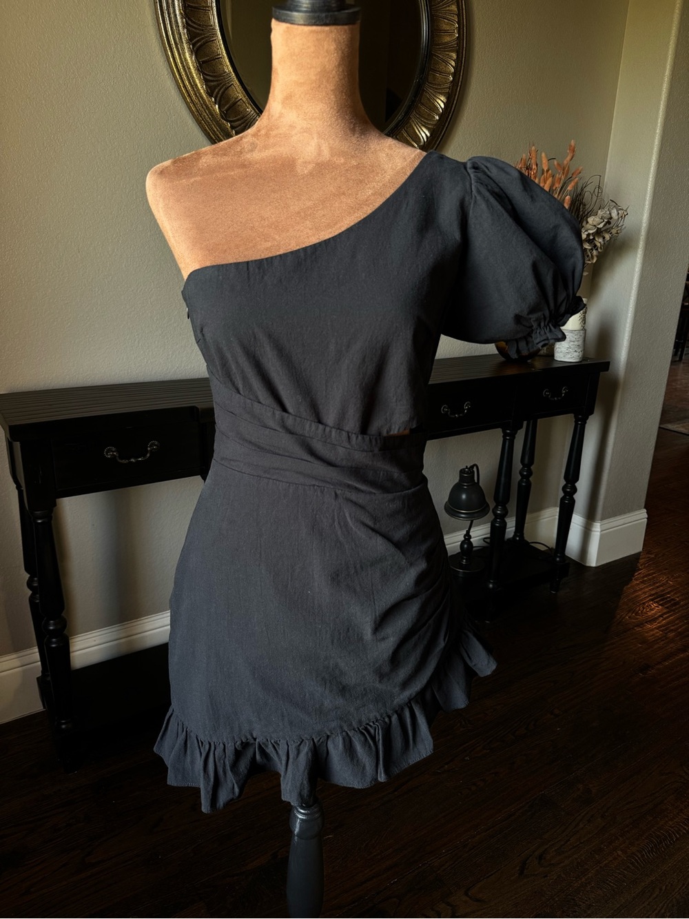 Seven Wonders Asymmetrical One-Shoulder Black Ruffle Mini Dress Side Cut Out